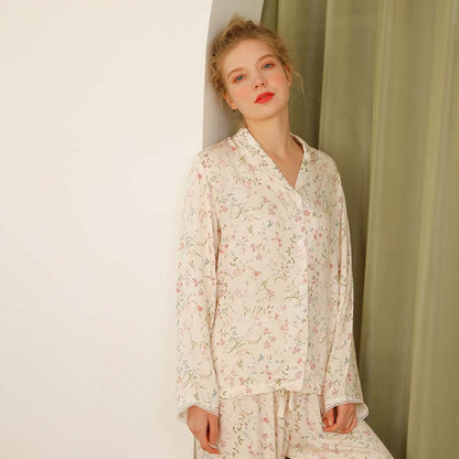 Ownkoti - Camicia da notte a maniche lunghe con scollo a V in raso floreale