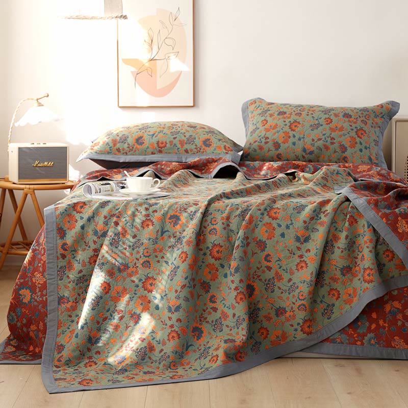 Trapunta reversibile in puro cotone con motivo floreale retrò - Trapunta con 2 federe - Verde e rosso - Matrimoniale Grande - image 0