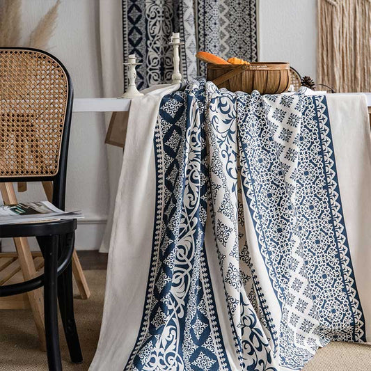 Tenda in cotone e lino con motivo blu