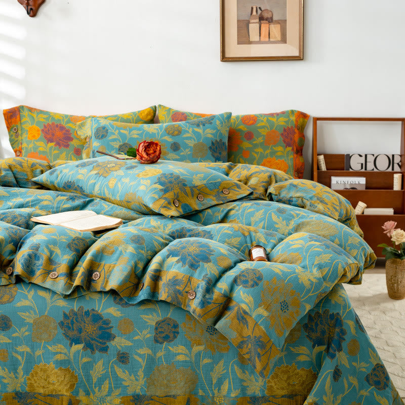 Set di biancheria da letto in cotone con fiori e foglie retrò (4 pezzi)