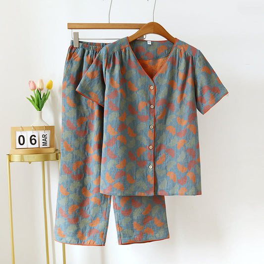 Loungewear corto con scollo a V in jacquard con foglie di ginkgo