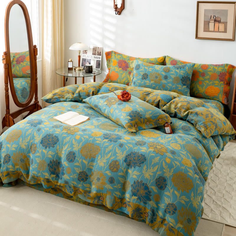 Set di biancheria da letto in cotone con fiori e foglie retrò (4 pezzi)