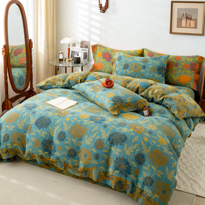 Set di biancheria da letto in cotone con fiori e foglie retrò (4 pezzi)