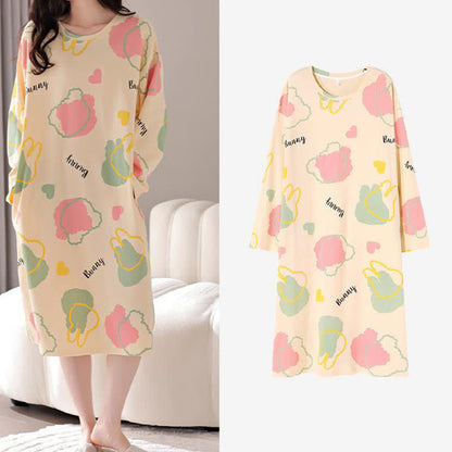 Camicia da notte lunga in cotone con scollo tondo a cartoni animati