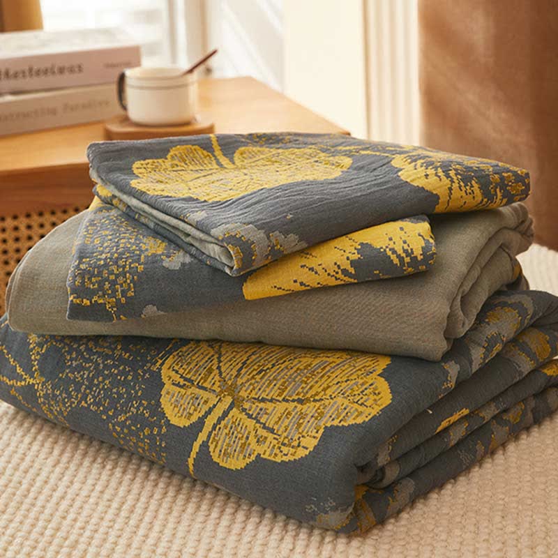 Set di biancheria da letto in cotone con stampa a foglie gialle (4 pezzi)