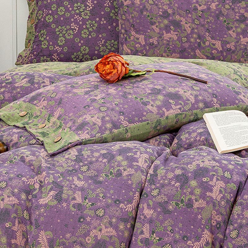 Set di biancheria da letto in cotone viola con motivo floreale Boho (4 pezzi)
