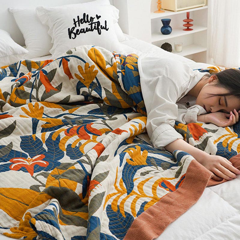 Coperta reversibile in cotone per divano con fiori di verga d'oro