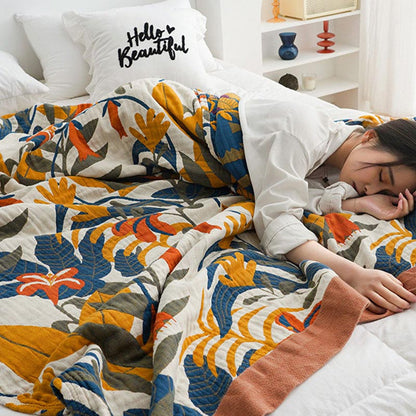 Coperta reversibile in cotone per divano con fiori di verga d'oro