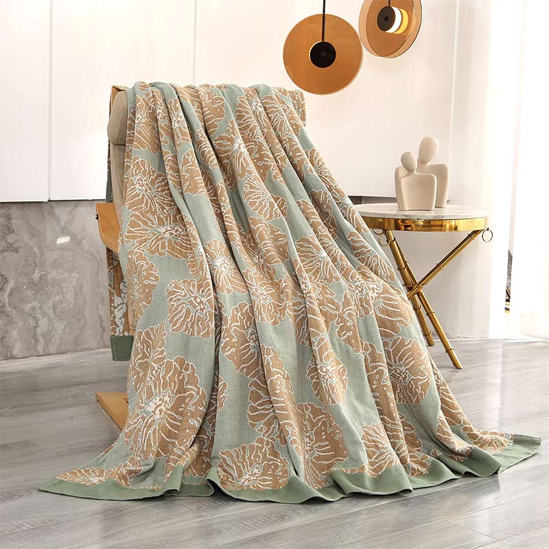 Coperta reversibile leggera in cotone con motivo peonia - Verde e arancione - 200cm x 230cm - image 7