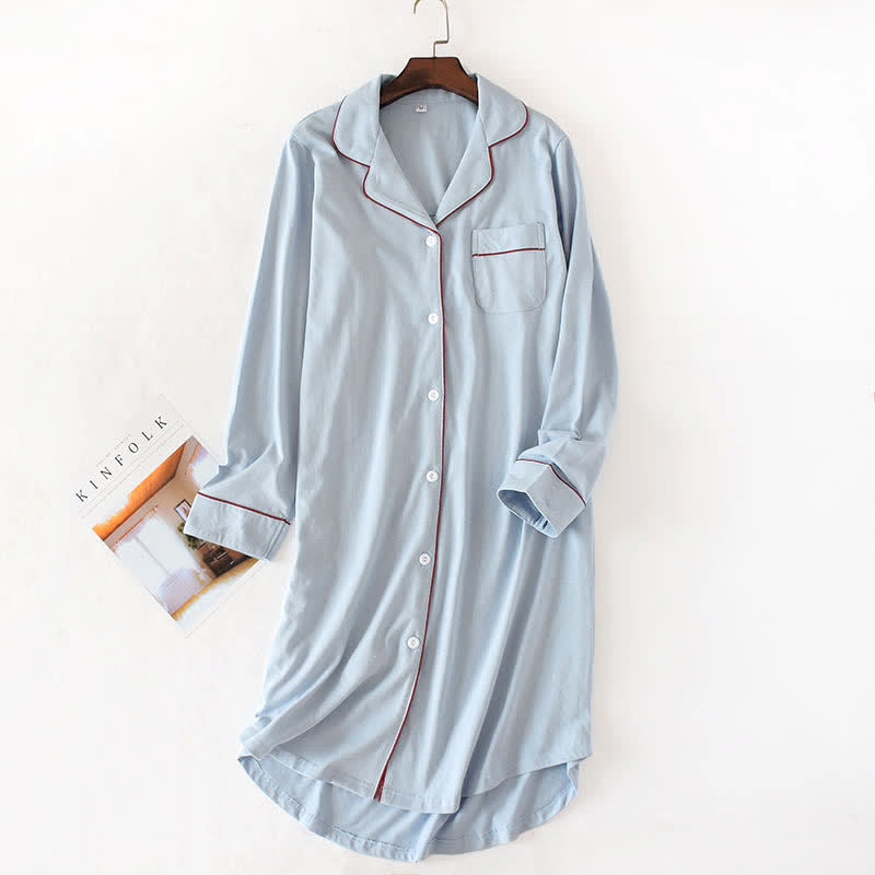 Camicia da notte in cotone con bottoni a tinta unita