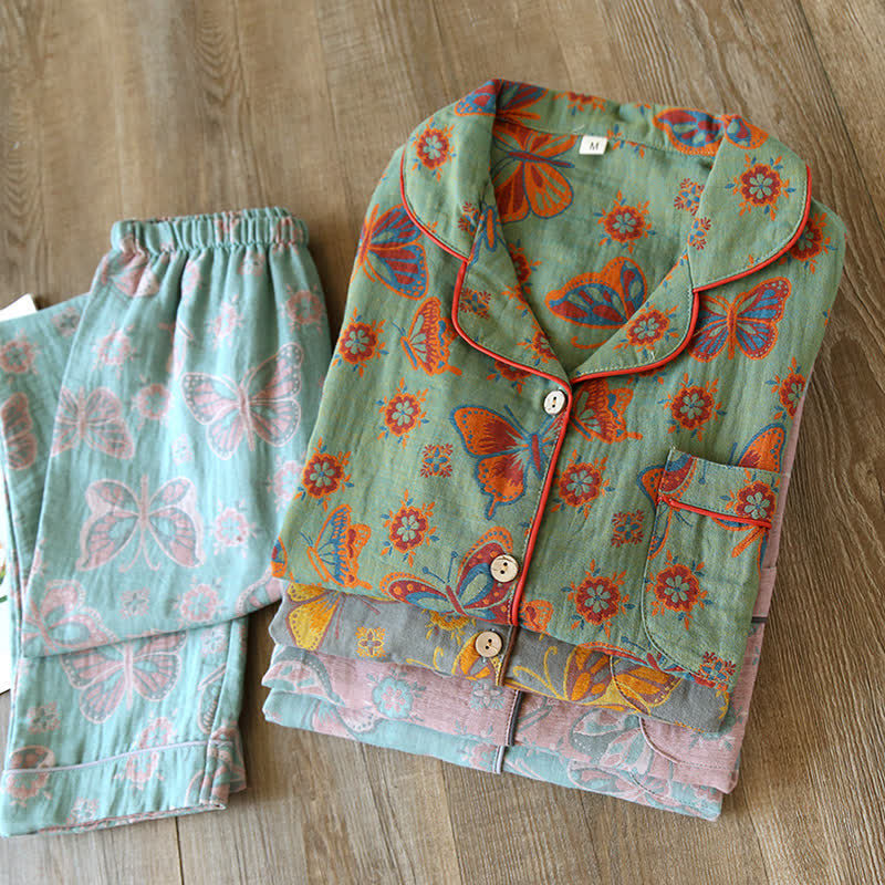 Completo da casa in cotone con stampa a farfalla vintage