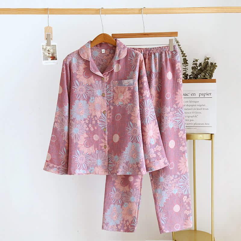 Completo da casa in garza di cotone jacquard girasole