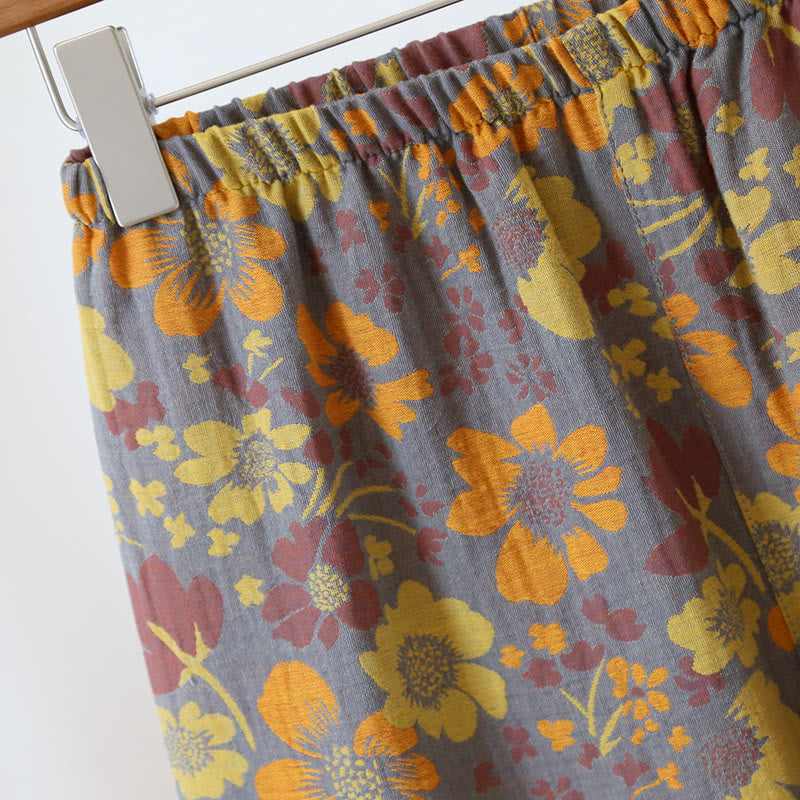 Abbigliamento da casa in cotone con scollo a V e motivo jacquard a fiori vistosi