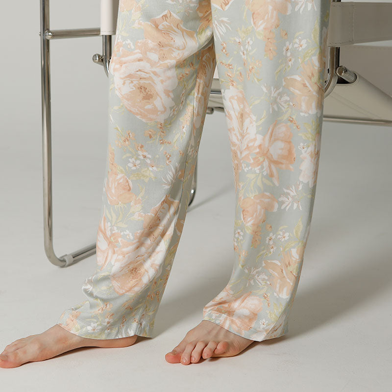 Ownkoti Vintage Floral Manica Lunga Scollo a V Loungewear
