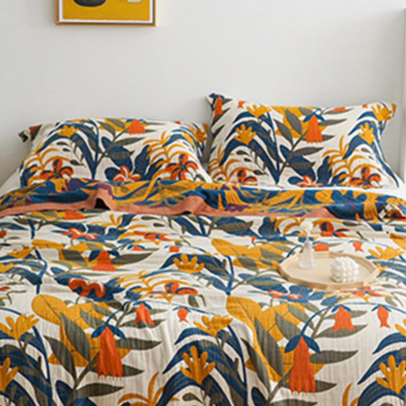 Coperta reversibile in cotone per divano con fiori di verga d'oro