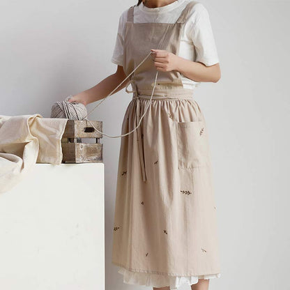 Grembiule ricamato con fiori in cotone Ownkoti con tasche