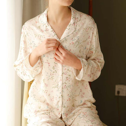 Ownkoti - Camicia da notte a maniche lunghe con scollo a V in raso floreale