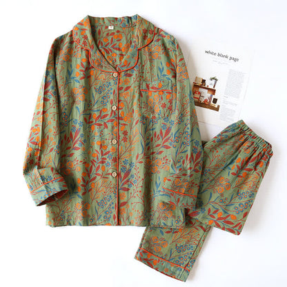 Completo da casa vintage in cotone con colletto a risvolto e motivo a foglie. - Verde e arancione - XL - image 13