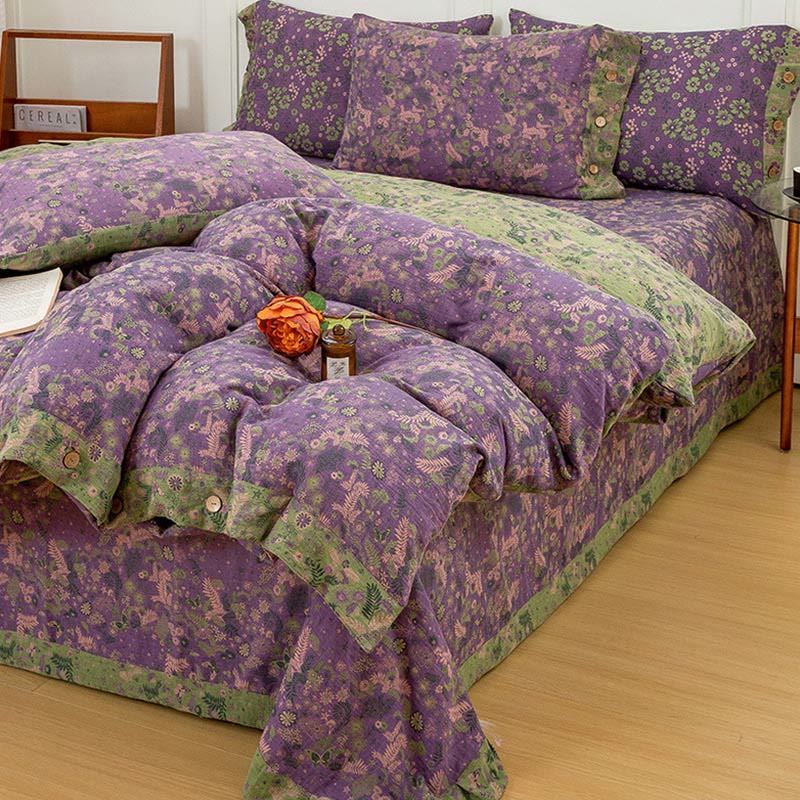 Set di biancheria da letto in cotone viola con motivo floreale Boho (4 pezzi)