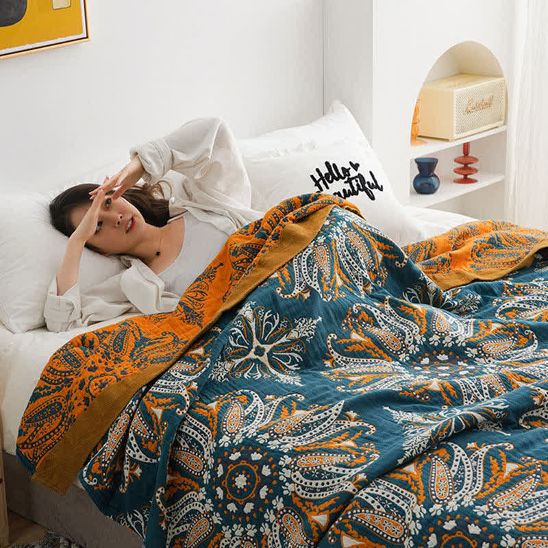 Coperta reversibile trapuntata in garza di cotone a fiori