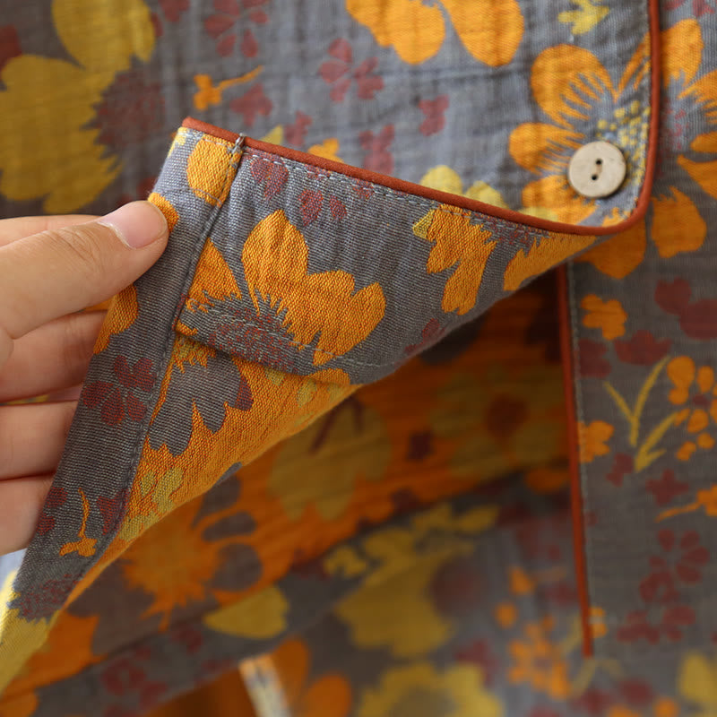 Abbigliamento da casa in cotone con scollo a V e motivo jacquard a fiori vistosi
