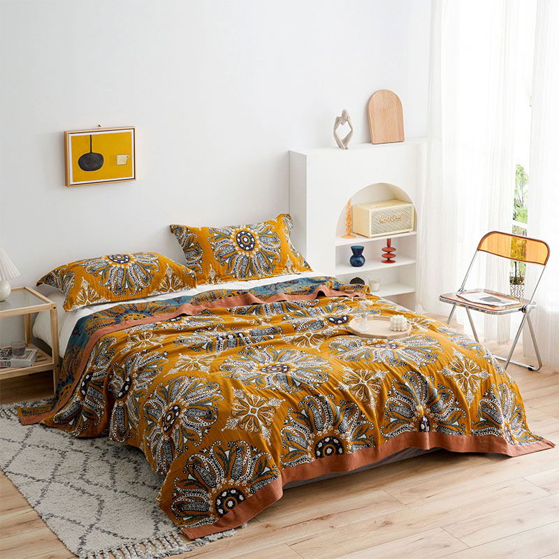 Coperta reversibile trapuntata in garza di cotone a fiori - Marrone - Matrimoniale Grande - image 0