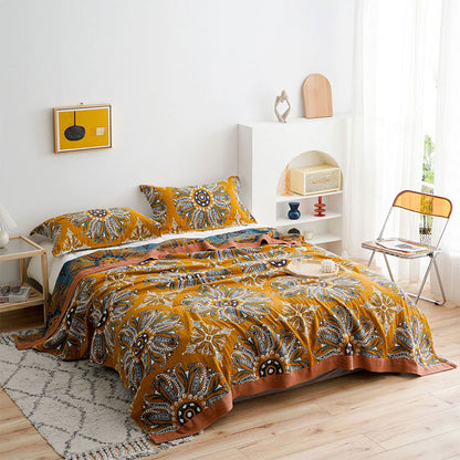 Coperta reversibile trapuntata in garza di cotone a fiori - Marrone - Matrimoniale Grande - image 0