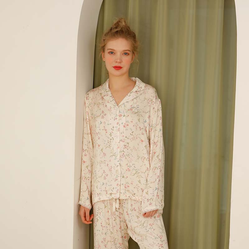 Ownkoti - Camicia da notte a maniche lunghe con scollo a V in raso floreale