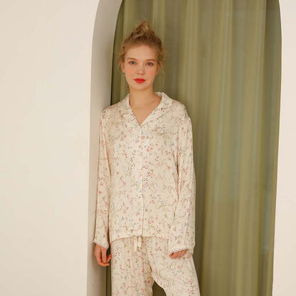 Ownkoti - Camicia da notte a maniche lunghe con scollo a V in raso floreale