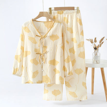 Completo da casa in cotone con fiocco e foglie di ginkgo