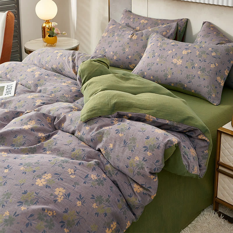 Biancheria da letto reversibile in cotone con motivo floreale e foglia pastorale