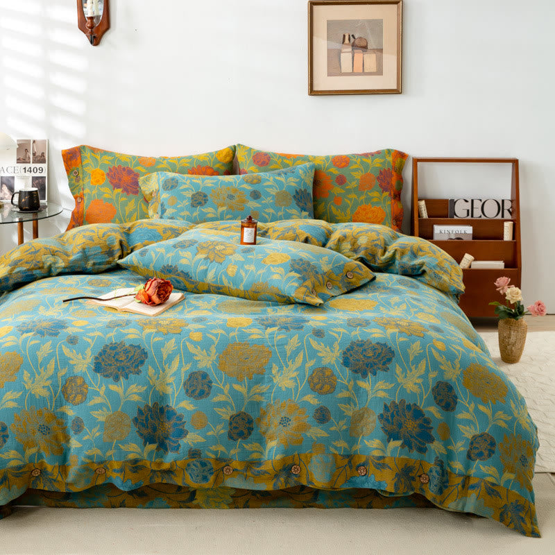 Set di biancheria da letto in cotone con fiori e foglie retrò (4 pezzi)