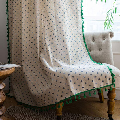 Tenda di cotone con bordo verde margherita blu - Tasca per asta - 150cm x 240cm - image 0