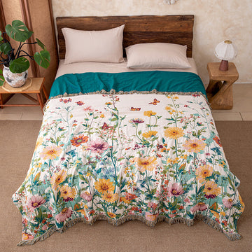 Trapunta reversibile in garza con frange e motivo floreale ad acquerello - Matrimoniale - image 0