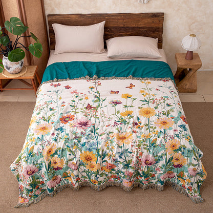 Trapunta reversibile in garza con frange e motivo floreale ad acquerello - Matrimoniale - image 0