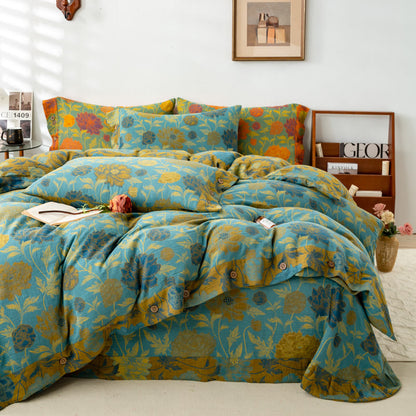 Set di biancheria da letto in cotone con fiori e foglie retrò (4 pezzi)