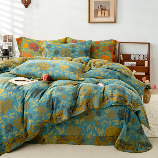 Set di biancheria da letto in cotone con fiori e foglie retrò (4 pezzi)