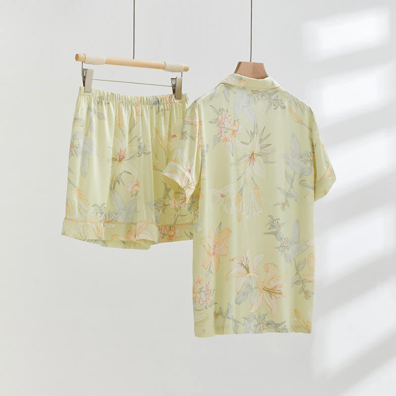 Camicia da notte corta traspirante con scollo a V e fiore di giglio