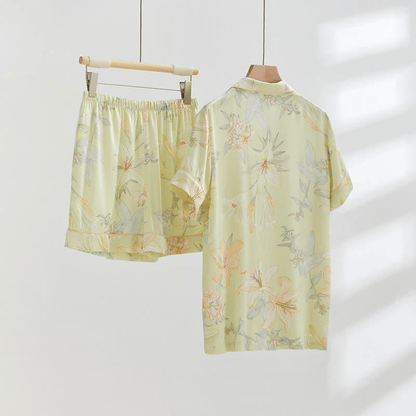 Camicia da notte corta traspirante con scollo a V e fiore di giglio
