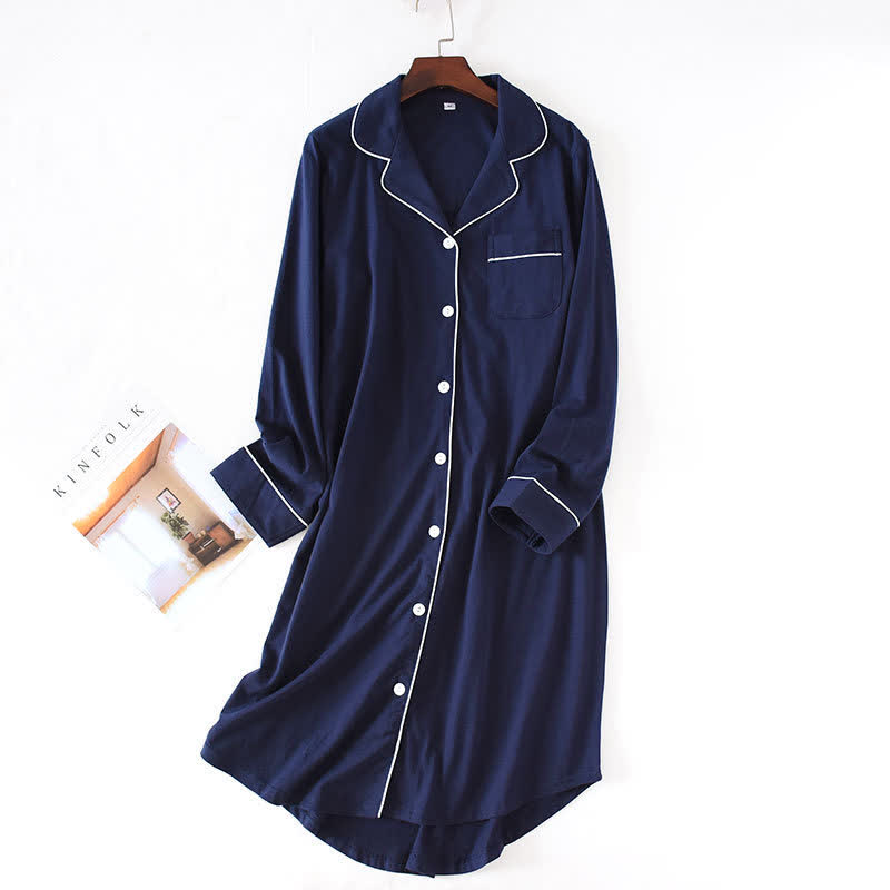 Camicia da notte in cotone con bottoni a tinta unita