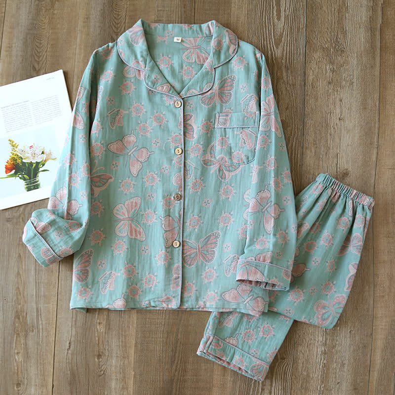 Completo da casa in cotone con stampa a farfalle vintage - Blu - XL - image 9