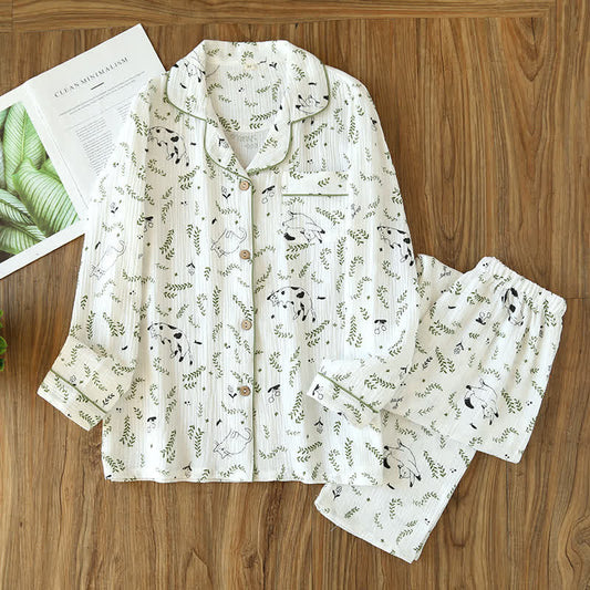 Pigiama in cotone con simpatico gatto e foglia - Bianco e verde - 2XL - image 0