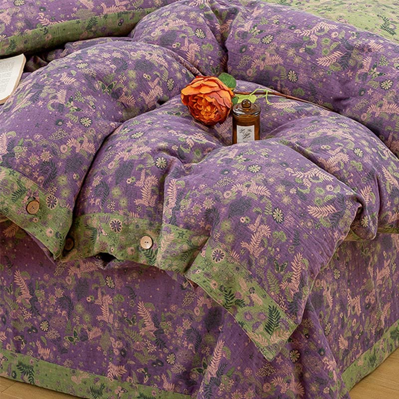 Set di biancheria da letto in cotone viola con motivo floreale Boho (4 pezzi)