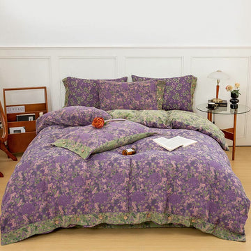 Set di biancheria da letto in cotone viola con motivo floreale Boho (4 pezzi)