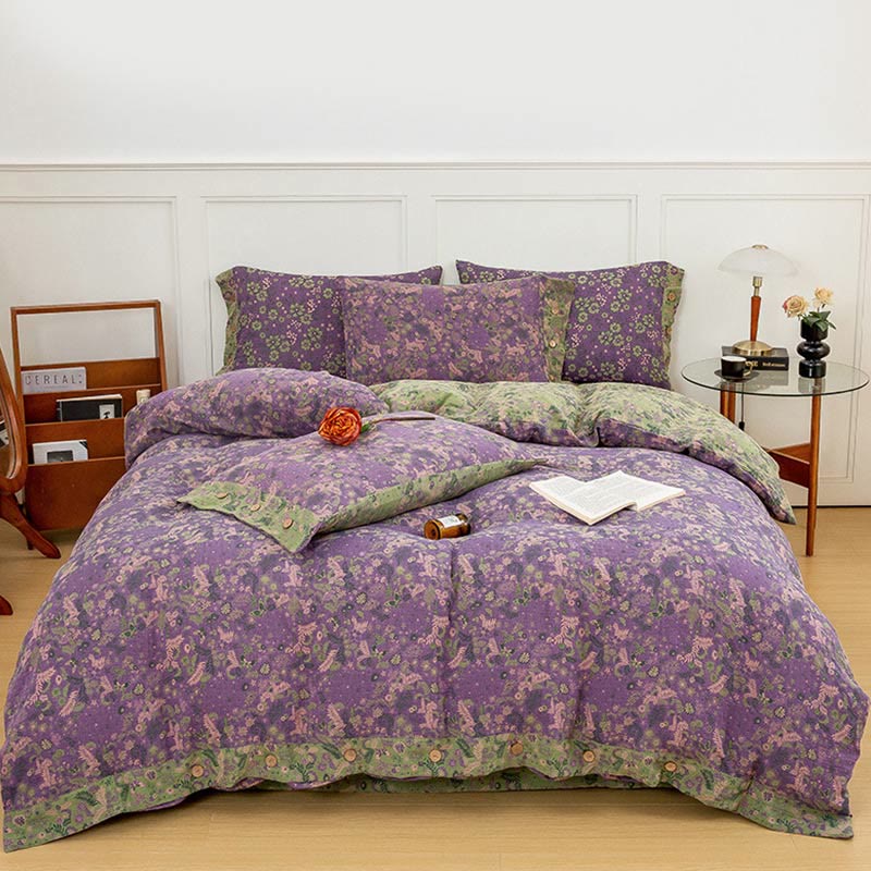 Set di biancheria da letto in cotone viola con motivo floreale Boho (4 pezzi)