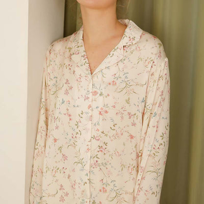 Ownkoti - Camicia da notte a maniche lunghe con scollo a V in raso floreale