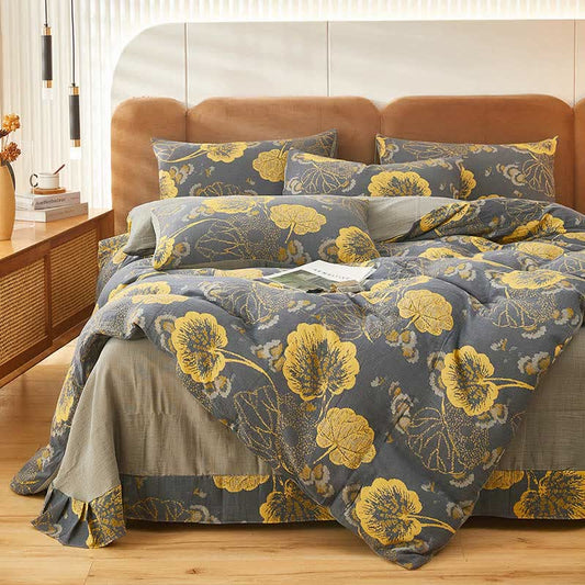 Set di biancheria da letto in cotone con stampa a foglie gialle (4 pezzi)