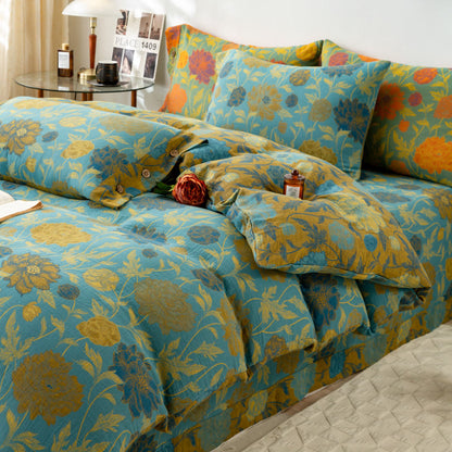 Set di biancheria da letto in cotone con fiori e foglie retrò (4 pezzi)
