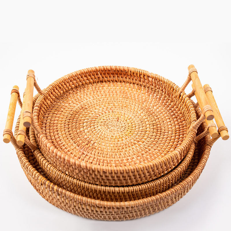 Vassoio rotondo in rattan intrecciato a mano Ownkoti con manici