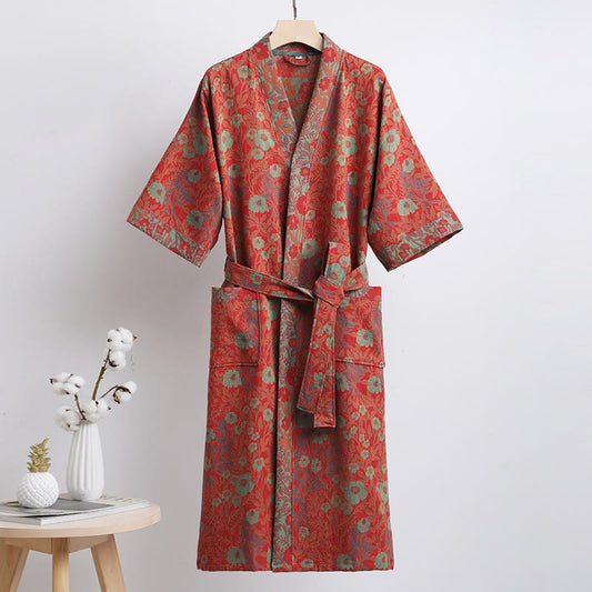 Accappatoio in cotone jacquard a fiori con cintura